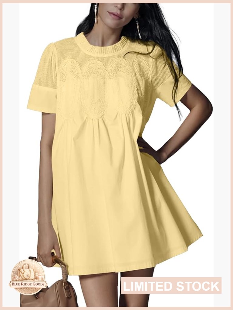 Lace Babydoll Mini Dress Short Sleeve Ruffle Casual Sundress A-Line Loose Fit